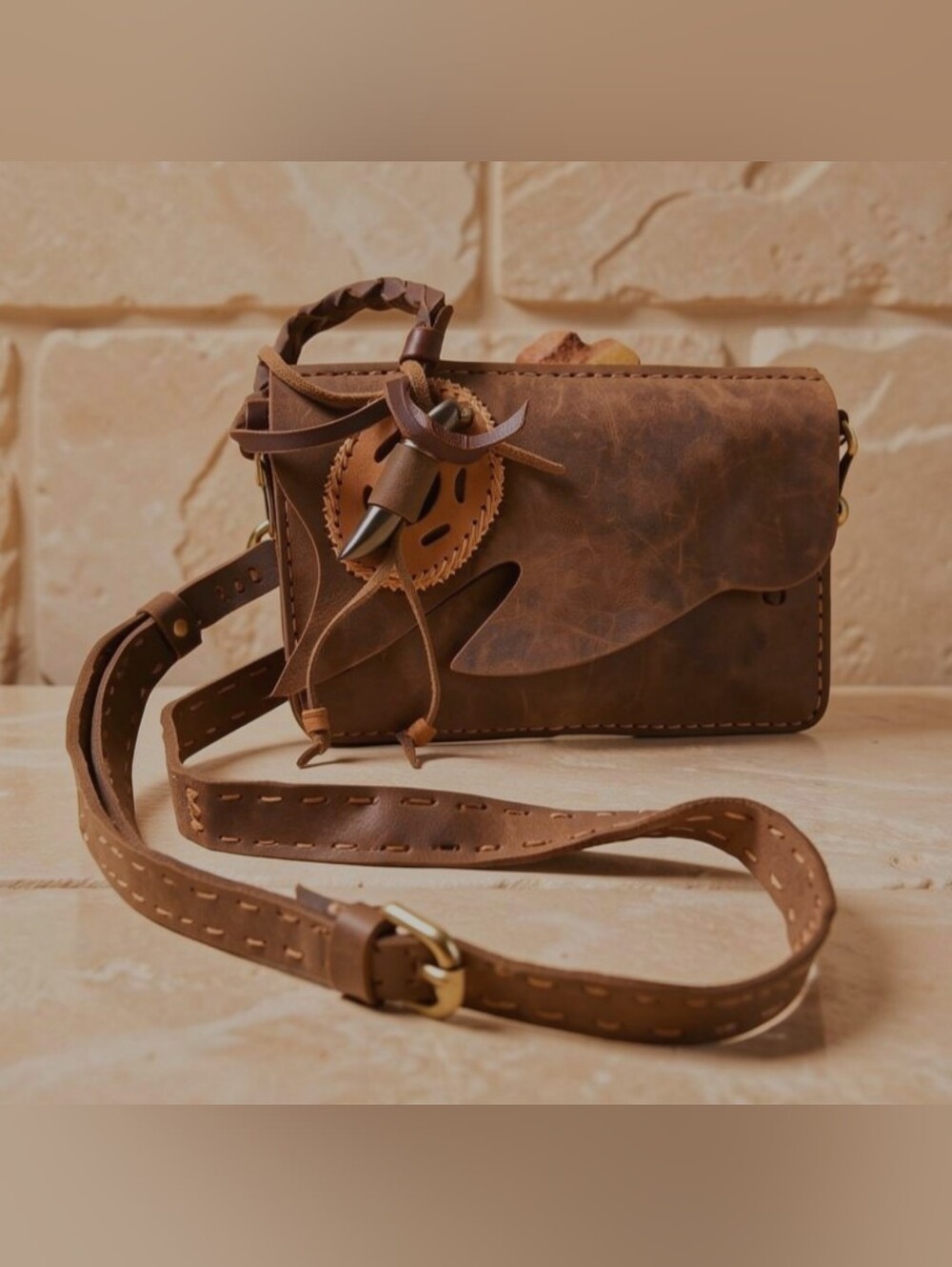 Brown Leather Crossbody Bag with Decorative Tassel